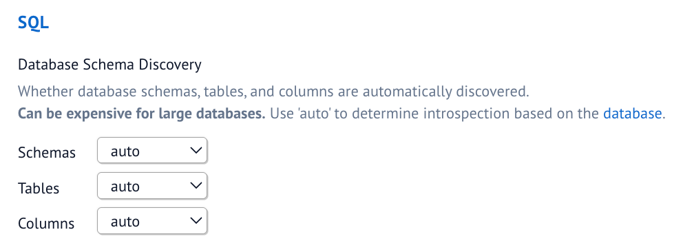Database schema discovery settings